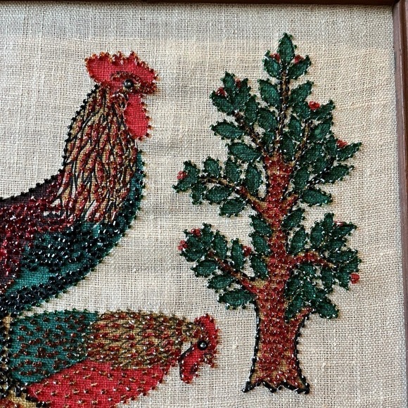 VTG Rooster Liquid Embroidery Woven Linen Pen Art w/Beaded Embellishment - Picture 3 of 12